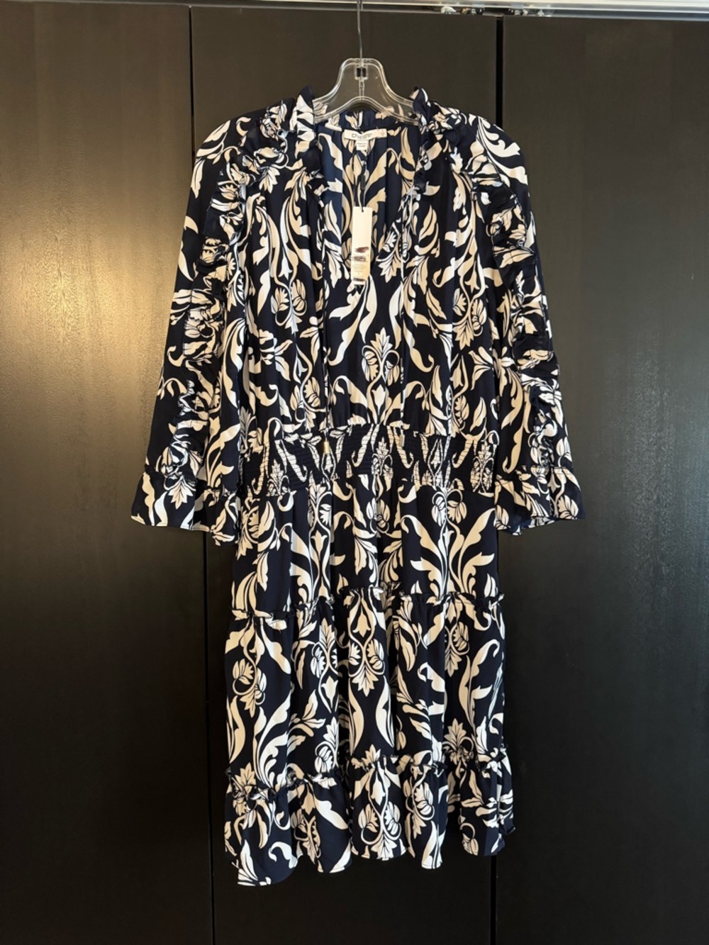 Chico's Navy and White Floral Tiered Long-Sleeve Dress
